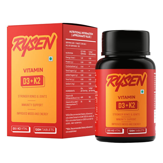 RYSEN Vitamin D3 + K2 MK-7 Tablets (120 Vegan Tablets) | Supports Calcium Absorption, Bone & Heart Health | Vitamin D Supplement for Men & Women | K2 55 mcg, D3 600 IU | Lab Tested