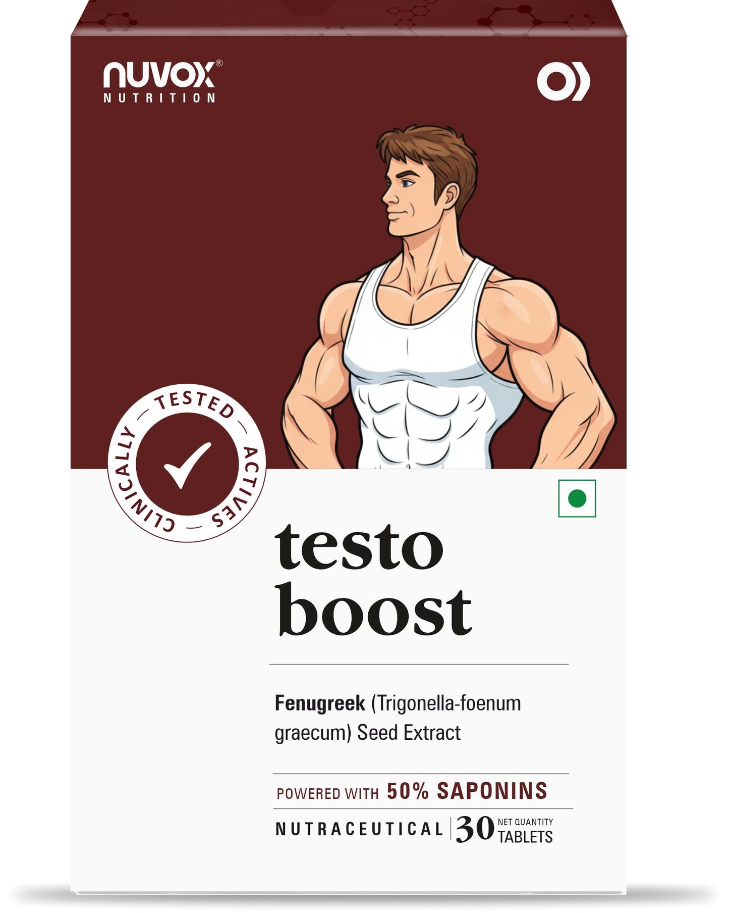 NUVOX Testoboost - Natural Testosterone Supplement for Men | Fenugreek seed extract | For energy, stamina, performance & endurance | 30 Tablets