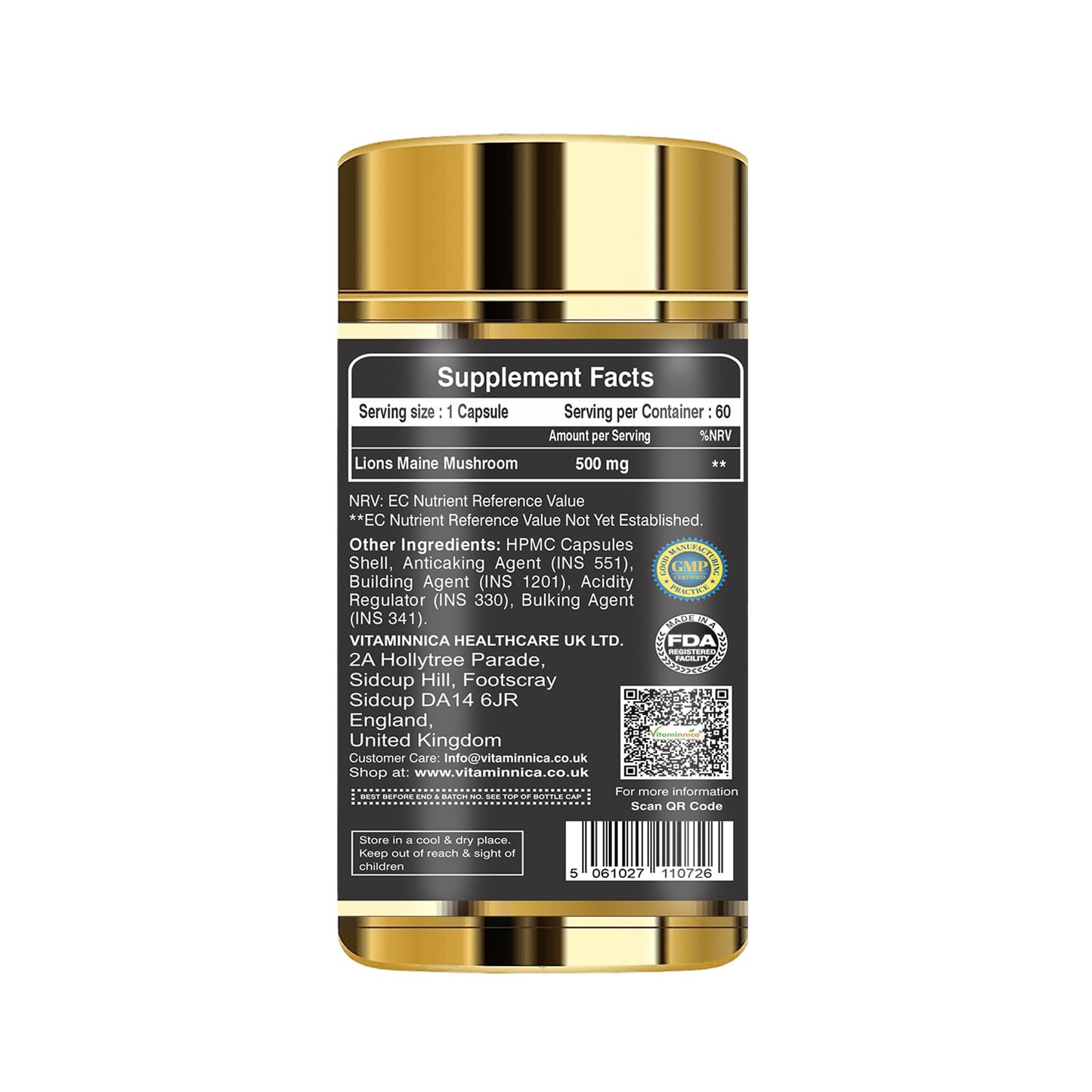 Vitaminnica Lion's Mane Mushroom 500mg- 60 Vegan Capsules | Nootropics for Brain Health & Focus