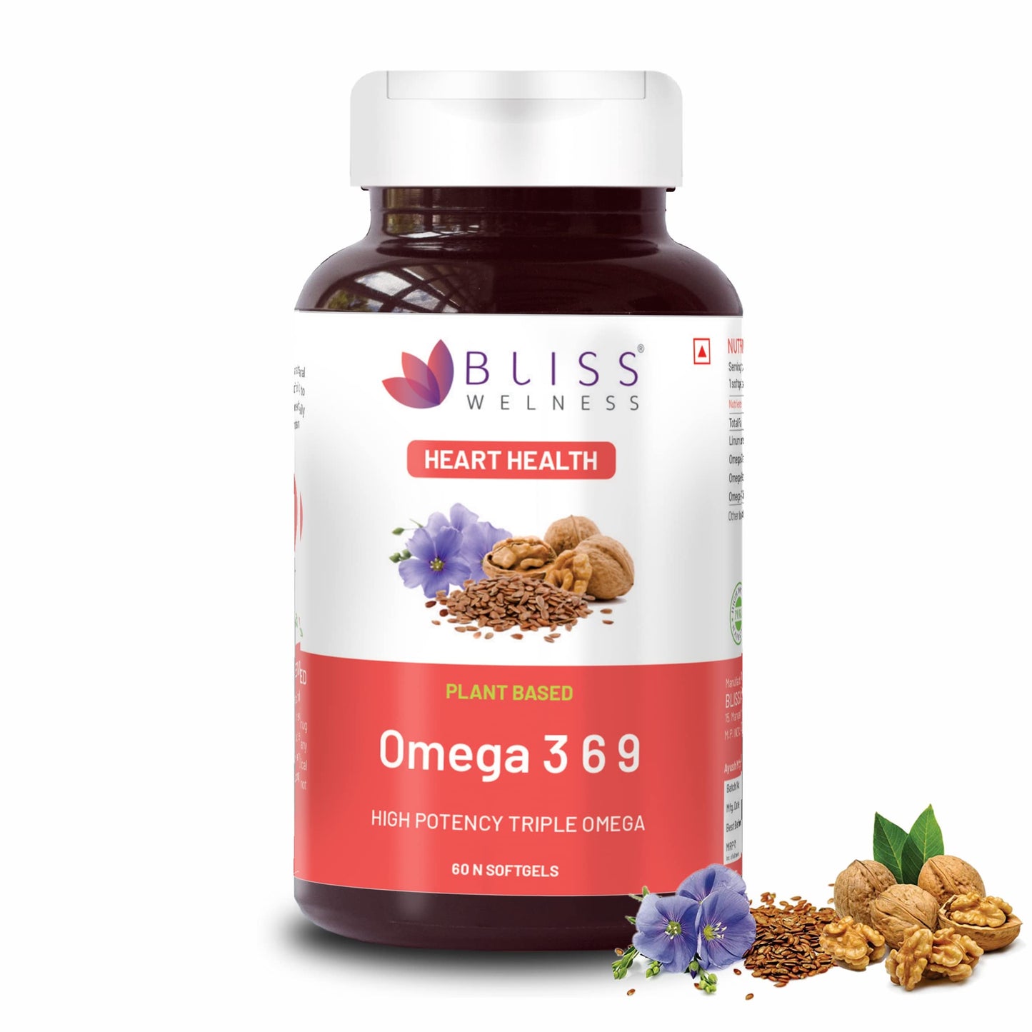 Bliss Welness Organic Omega 3 6 9 2000mg | Omega3 ALA 1000mg Omega 6 LA 274mg Omega 9 OA 400mg Essential Fatty Acid | Heart Cholesterol Brain Eye Immunity Health Supplement - 60 Softgel Capsules