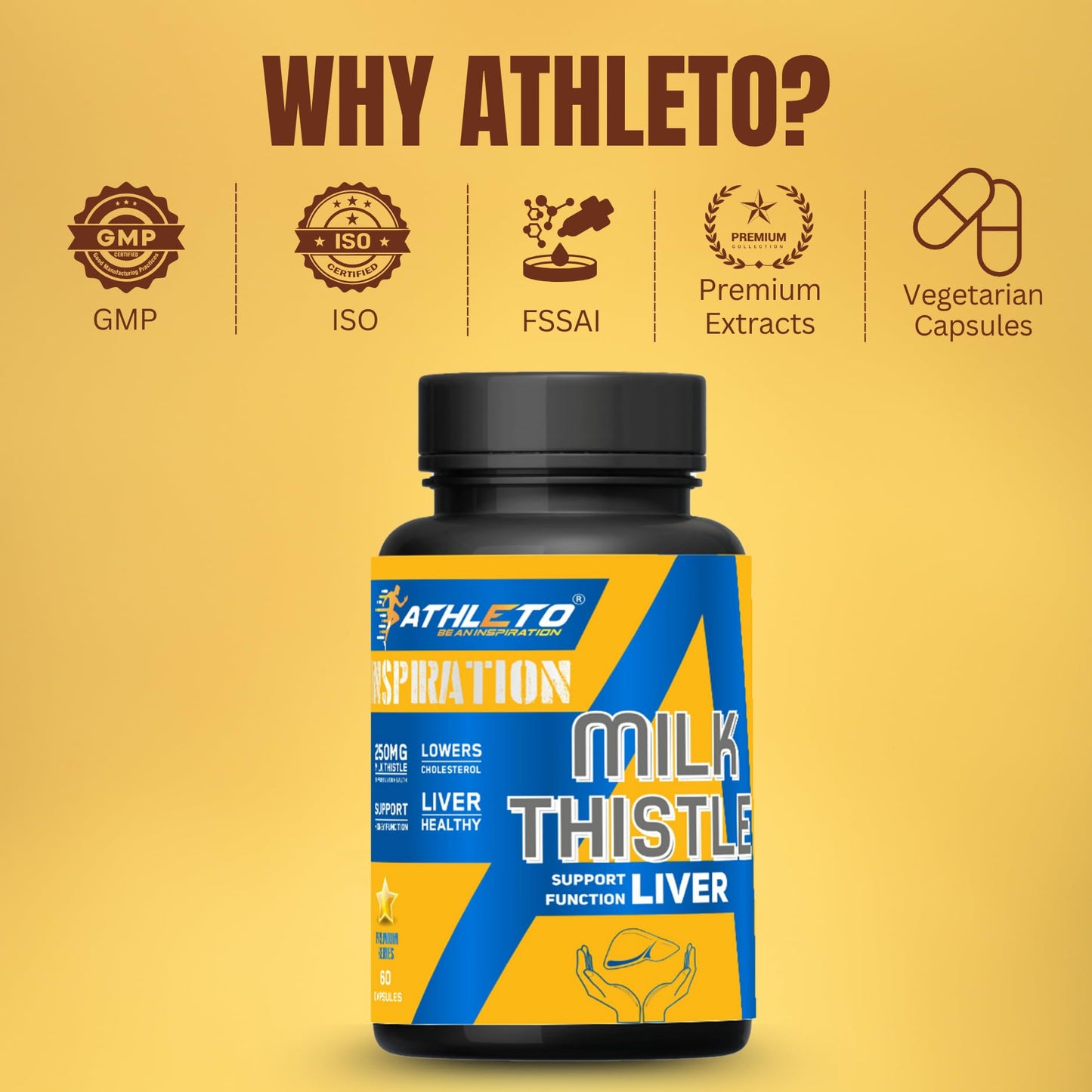 Athleto Milk Thistle 250mg | Liver Support Supplement | Helps Detox, Boosts Digestion, Lowers Cholesterol & Supports Liver Health | 60 Vegetarian Capsules