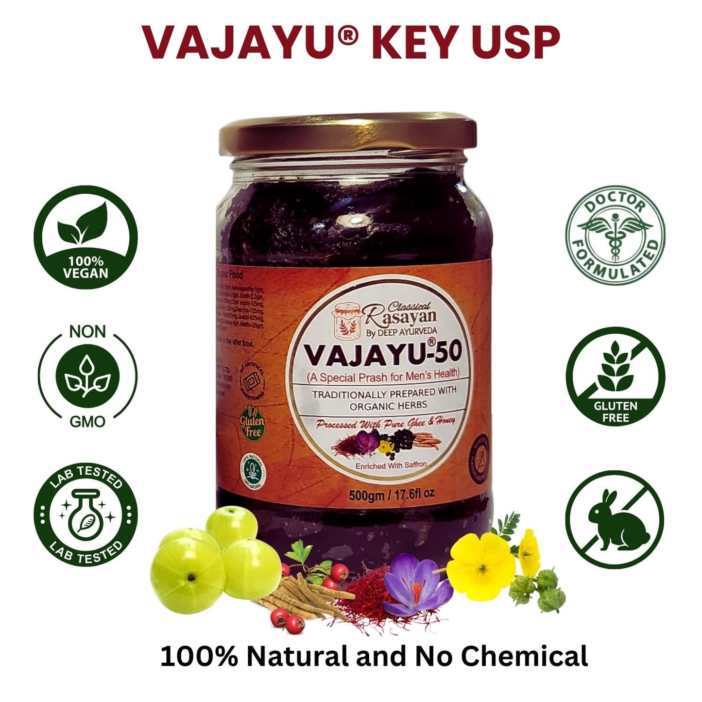 Deep Ayurveda Vajayu® 50 Prash | Ayurvedic Superfood with 30+ Herbs for Men’s Wellness | Boosts Testostrone Level, Energy, Strength, Stamina & Vitality | 500g Pack