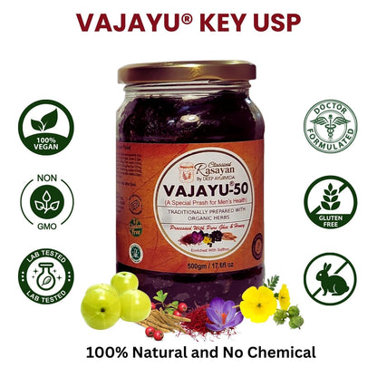 Deep Ayurveda Vajayu® 50 Prash | Ayurvedic Superfood with 30+ Herbs for Men’s Wellness | Boosts Testostrone Level, Energy, Strength, Stamina & Vitality | 500g Pack