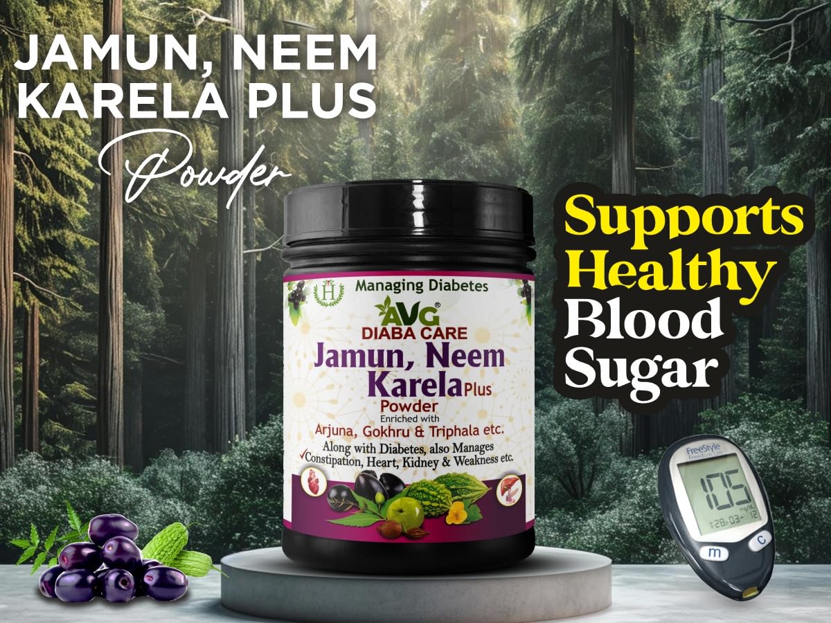 AVG Health Organics Jamun, Neem & Karela Plus Powder 200g, Diabetes Care Ayurvedic Supplement with Arjuna, Gokhru & Triphala for Diabetes Care and Weakness.