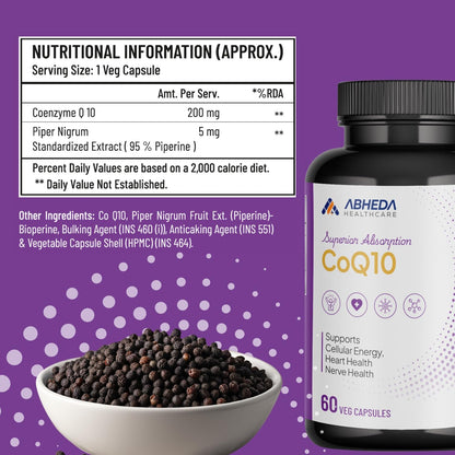ABHEDA HEALTHCARE Coenzyme 10 - Coq10 Capsules | 200mg 60 Vegetarian Capsules - Supports Heart Health, Energy Production & Cellular Function