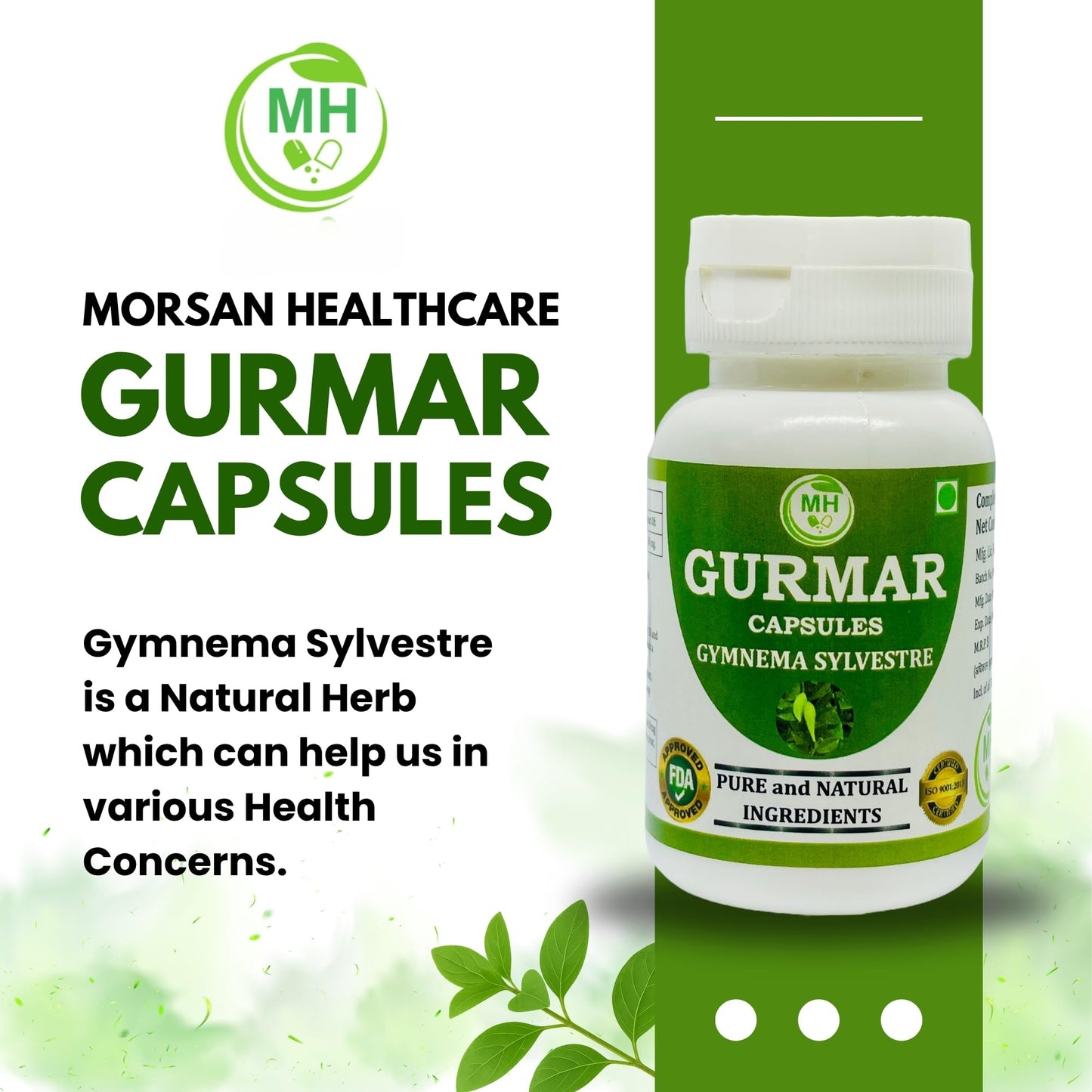 MORSAN HEALTHCARE | Ayurvedic Gurmar (Gudmar) Capsules 500mg – 60 Count | Vegetarian | Plant-Based | Herbal Supplement | No Artificial Additives | Gluten-Free | Organic | Gymnema sylvestre | Dia Free Herbal Capsules (pack of 1)