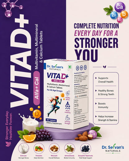Dr. Selvan's Naturals Vita D+ Alfa+Cal Multivitamin, Multimineral & Calcium Tablets- Pack of 2 (60 Tablets)