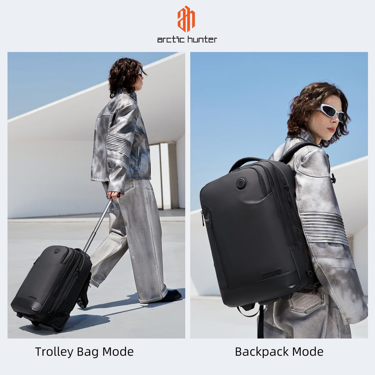 Arctic Hunter Trolley Backpack Expandable 52L Multiple Pockets Business Trolley Bag with 2 Wheels Aluminum Rolling Laptop Bag Stylish Suitcase for Business Travel Water Resistant Black