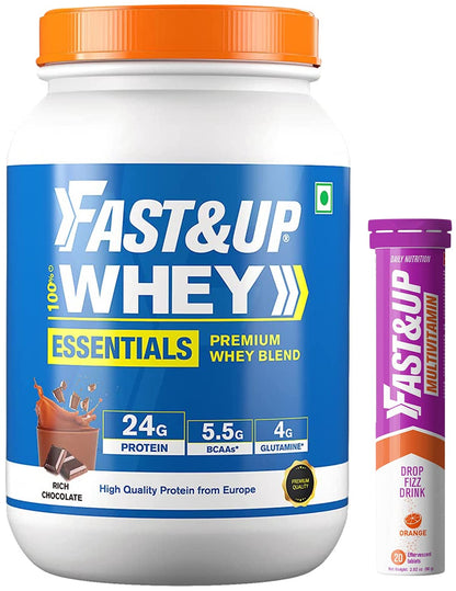 FAST&UP Essentials Whey Protein Isolate Blend – Rich Chocolate + Vitalize Multivitamin – Orange, 20 Tablets