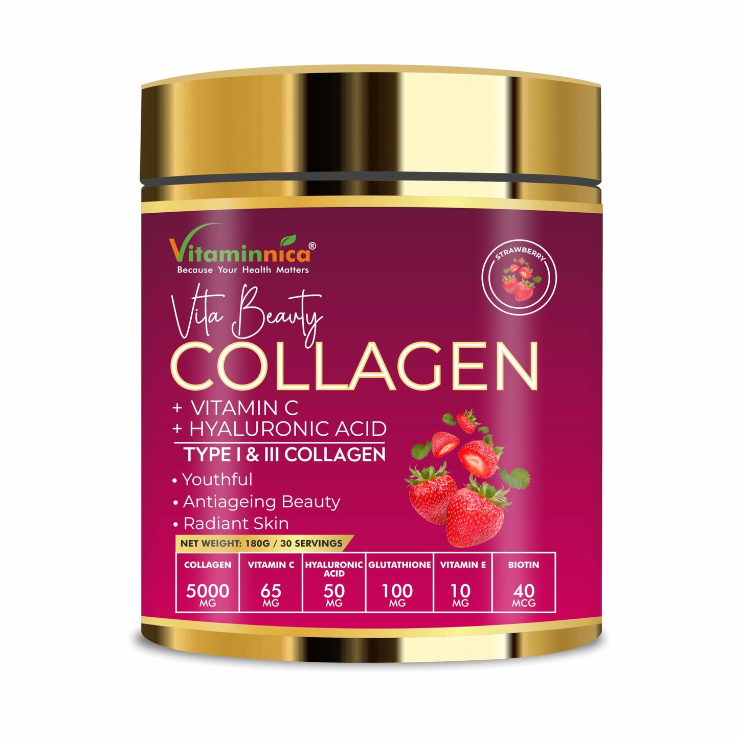 Vitaminnica Vita Beauty Collagen Type I & III Powder | With Hyaluronic Acid, Vitamin C, Biotin, Zinc, Vitamin E & Glutathione | Skin Glow, Anti-Ageing, Hair Growth & Joint Support | Premium Hydrolysed Collagen Supplement | 30 servings (Strawberry)