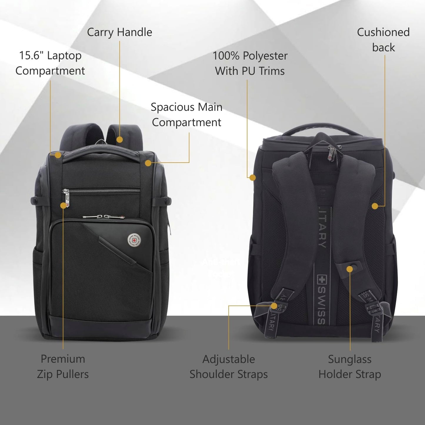 SWISS MILITARY Aspen Laptop Backpack 15.6 Inch with USB Charging Port, Quick Access Pockets, iPad Compartment, Mesh Bottle Holders, 16L Compact Travel Office College Bag for Men Women, Black