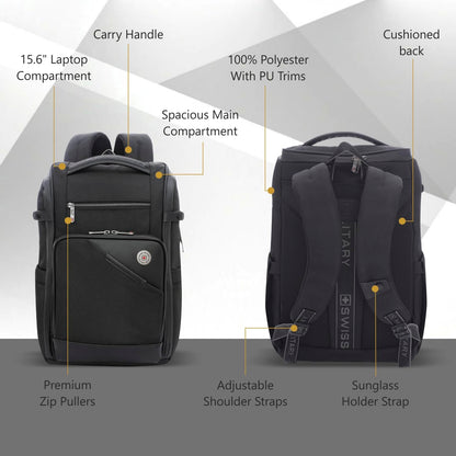 SWISS MILITARY Aspen Laptop Backpack 15.6 Inch with USB Charging Port, Quick Access Pockets, iPad Compartment, Mesh Bottle Holders, 16L Compact Travel Office College Bag for Men Women, Black