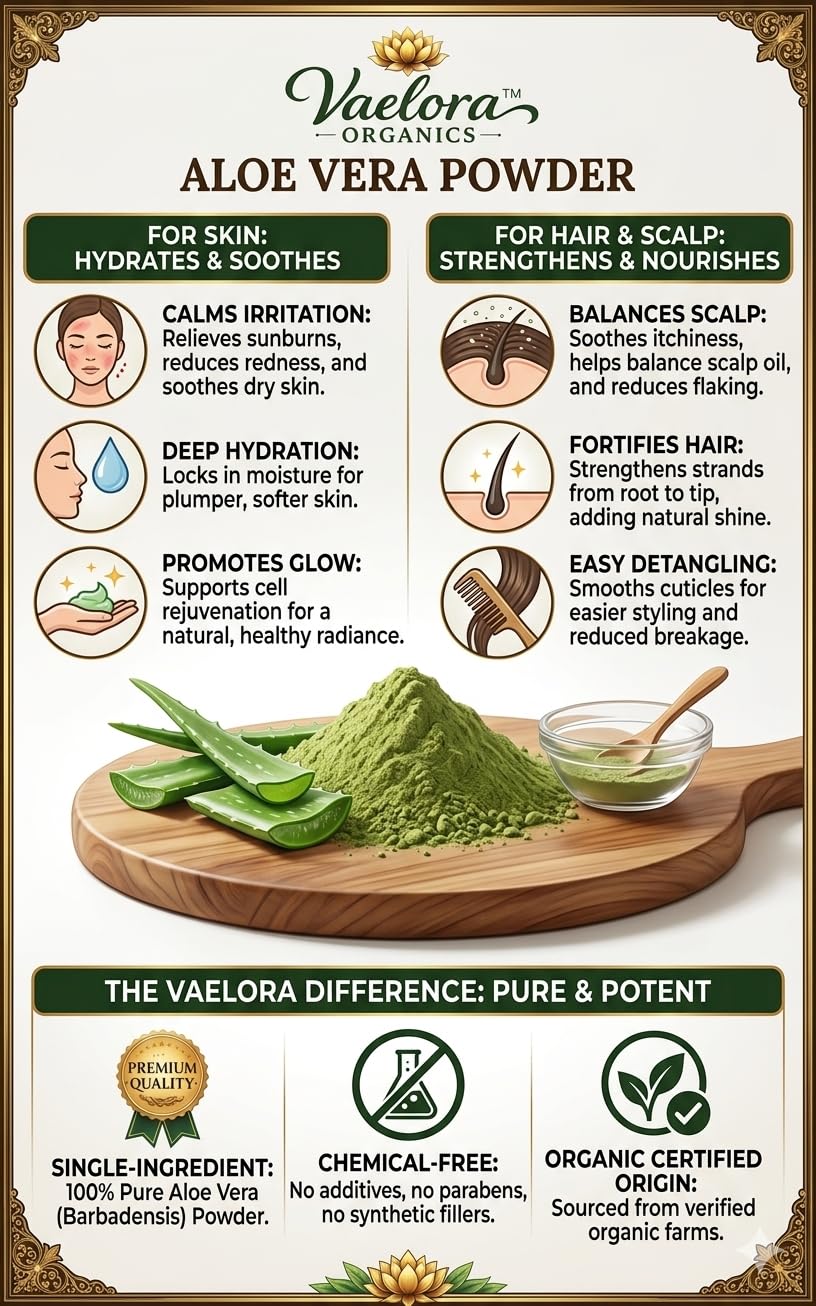 100% Pure Aloe Vera Powder for Skin & Hair Care | Natural Moisturizing, Acne Control & Hair Nourishment | Herbal Face & Hair Pack | Chemical-Free (100g)