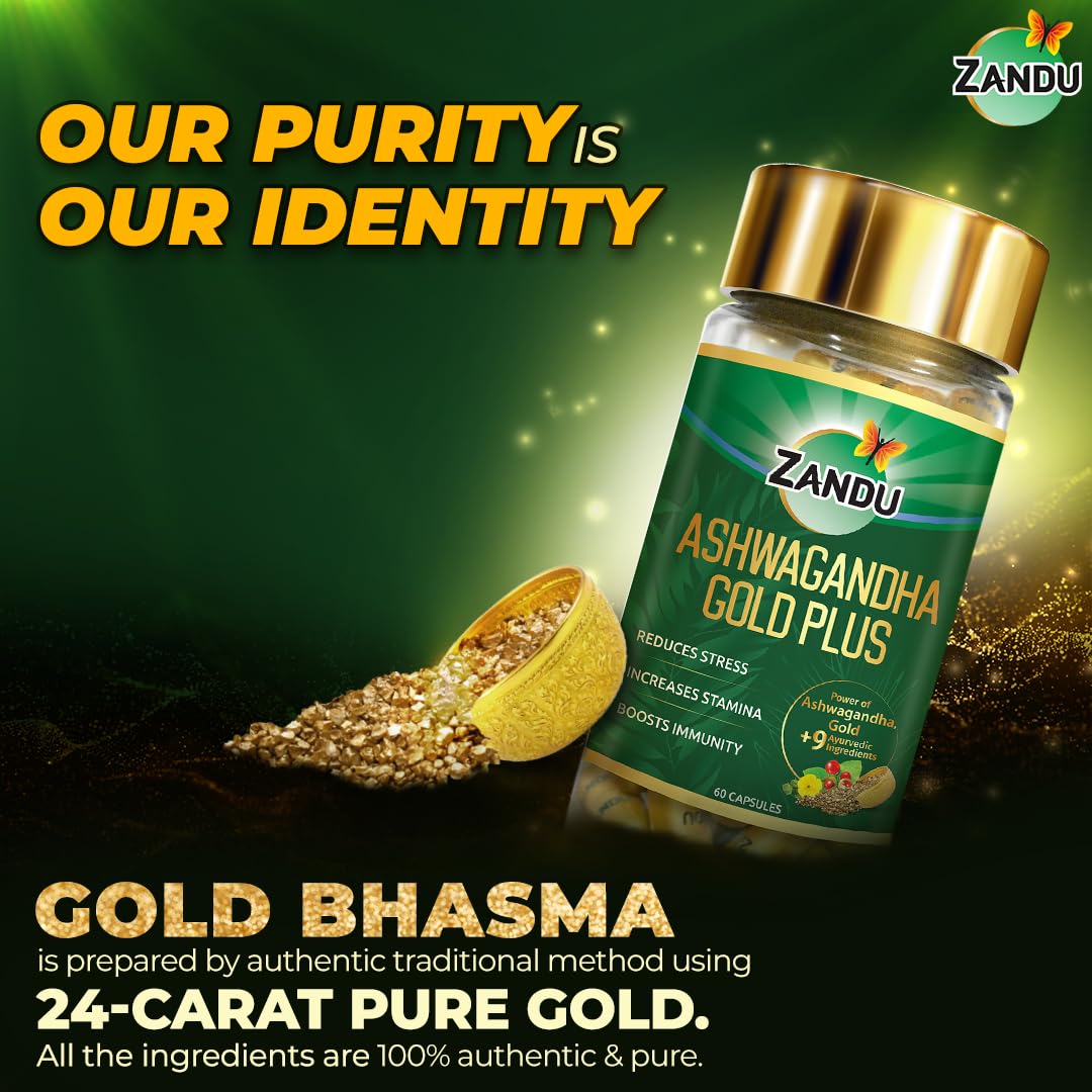 Zandu Ashwagandha Gold Plus | Made with Gold, Ashwagandha, Safed Musli, Shilajit & Other Ayurvedic Ingredients | Helps to Boost Stamina, Strengthens Immunity | 60 Caps