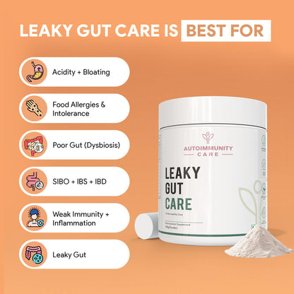 Autoimmunity care: Leaky Gut Care - Complete Gut Support | Fights Infections, Anti-Inflammatory | Advanced Formula with L Glutamine, Zinc Carnosine, Aloe Vera, Vegan, Non-GMO | 180g, Powder