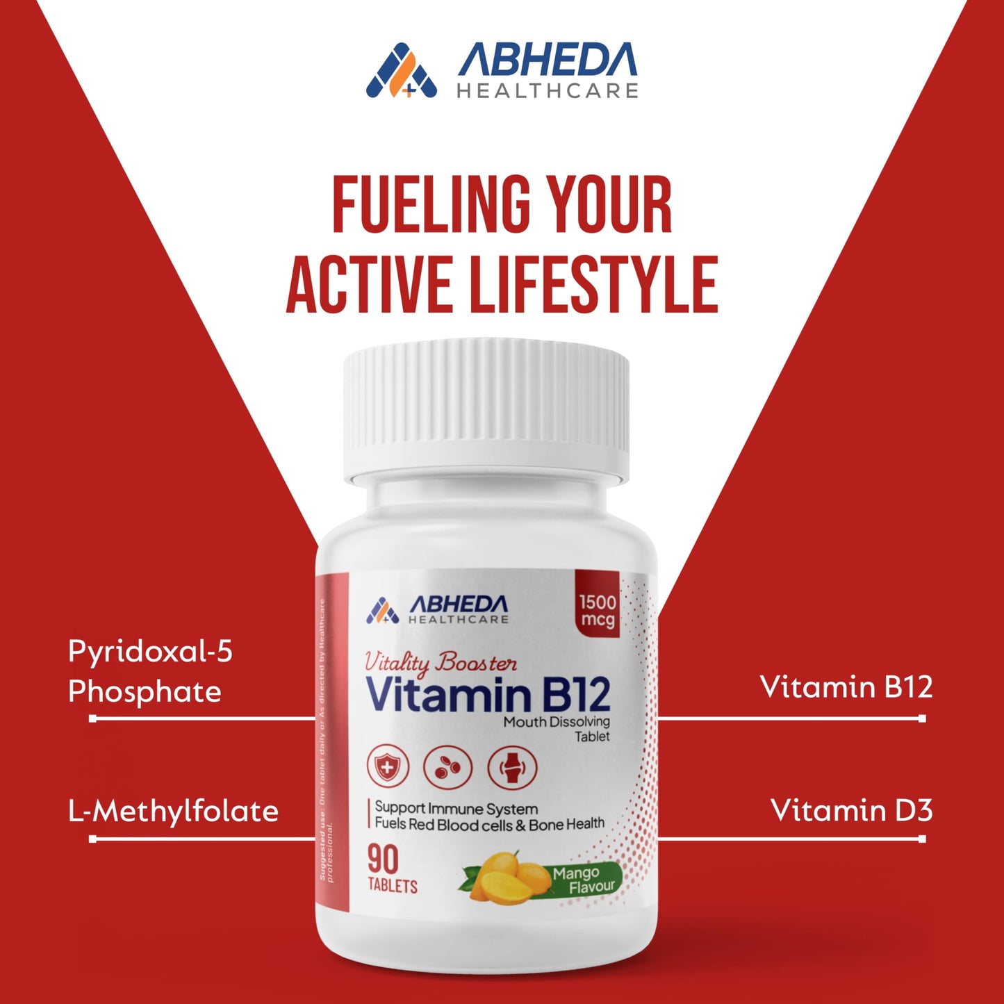 ABHEDA HEALTHCARE Vitamin B12 1500mcg Tablets - Fast Absorbing Mouth Dissolving Supplement - Delicious Mango Flavor - 90 Count - High Potency for Energy, Metabolism & Immune Support