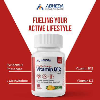 ABHEDA HEALTHCARE Vitamin B12 1500mcg Tablets - Fast Absorbing Mouth Dissolving Supplement - Delicious Mango Flavor - 90 Count - High Potency for Energy, Metabolism & Immune Support