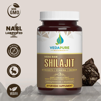 VEDAPURE Shilajit | Raw Shilajit Capsules with Gokhru (Tribulus Terrestris) | Original Gold Shilajit Capsules for Men & Women to built Strength & Stamina | Lab Tested Shilajit-60 Capsules (1)