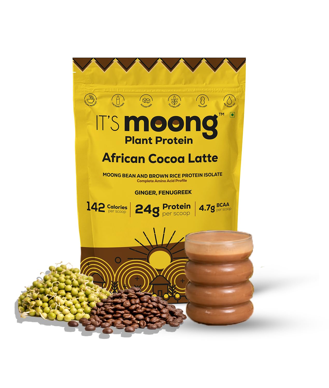 It's Moong Mung Bean & Brown Rice Isolate Plant Protein Powder for Men & Women | 24gms per serve 4.7gms BCAA| African Cocoa Latte | 500gms | Sprouted Plant based protein | Plant Protein