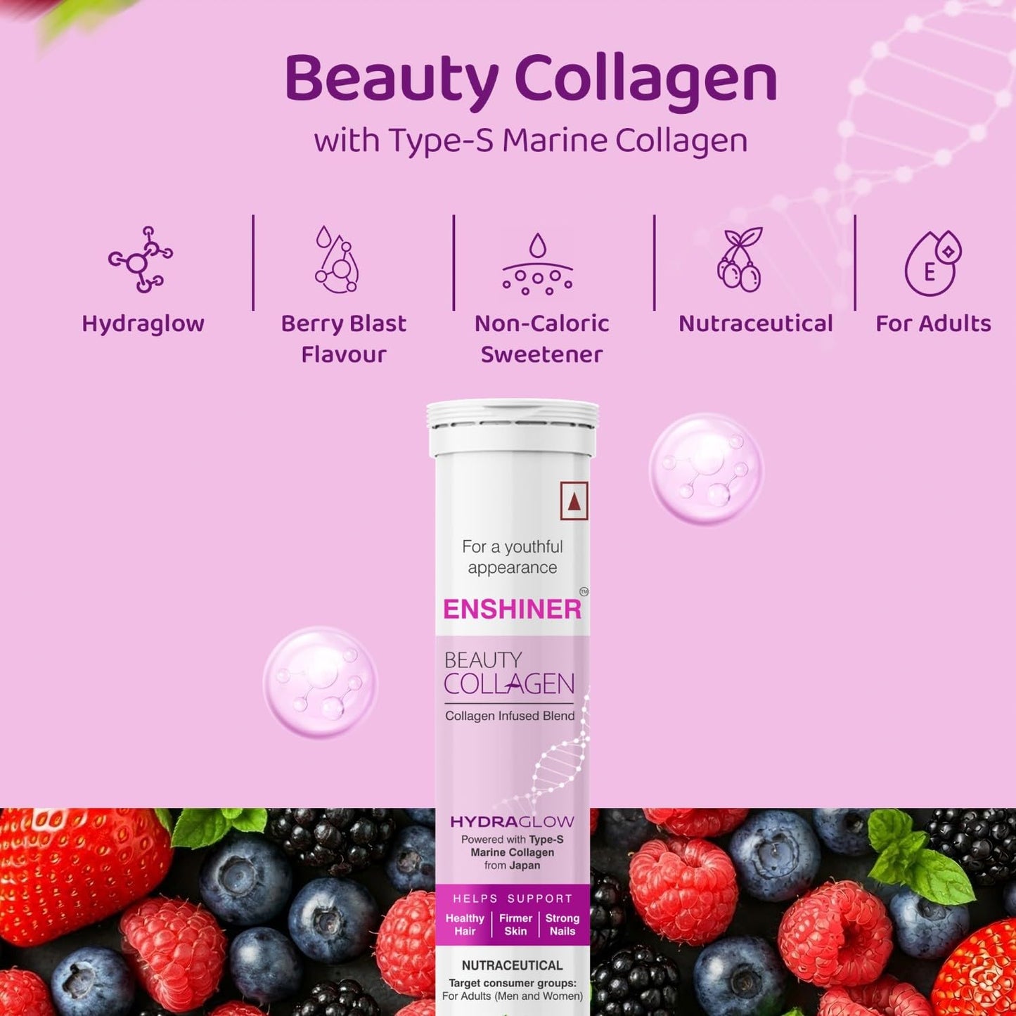 Enshiner Beauty Collagen Effervescent Tablets with Type-S Marine Collagen, Vitamin C & Biotin for Adults | Berry Blast Flavour | Supports Skin Radiance, Hair Growth & Nail Health - 10 tablets