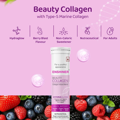 Enshiner Beauty Collagen Effervescent Tablets with Type-S Marine Collagen, Vitamin C & Biotin for Adults | Berry Blast Flavour | Supports Skin Radiance, Hair Growth & Nail Health - 10 tablets