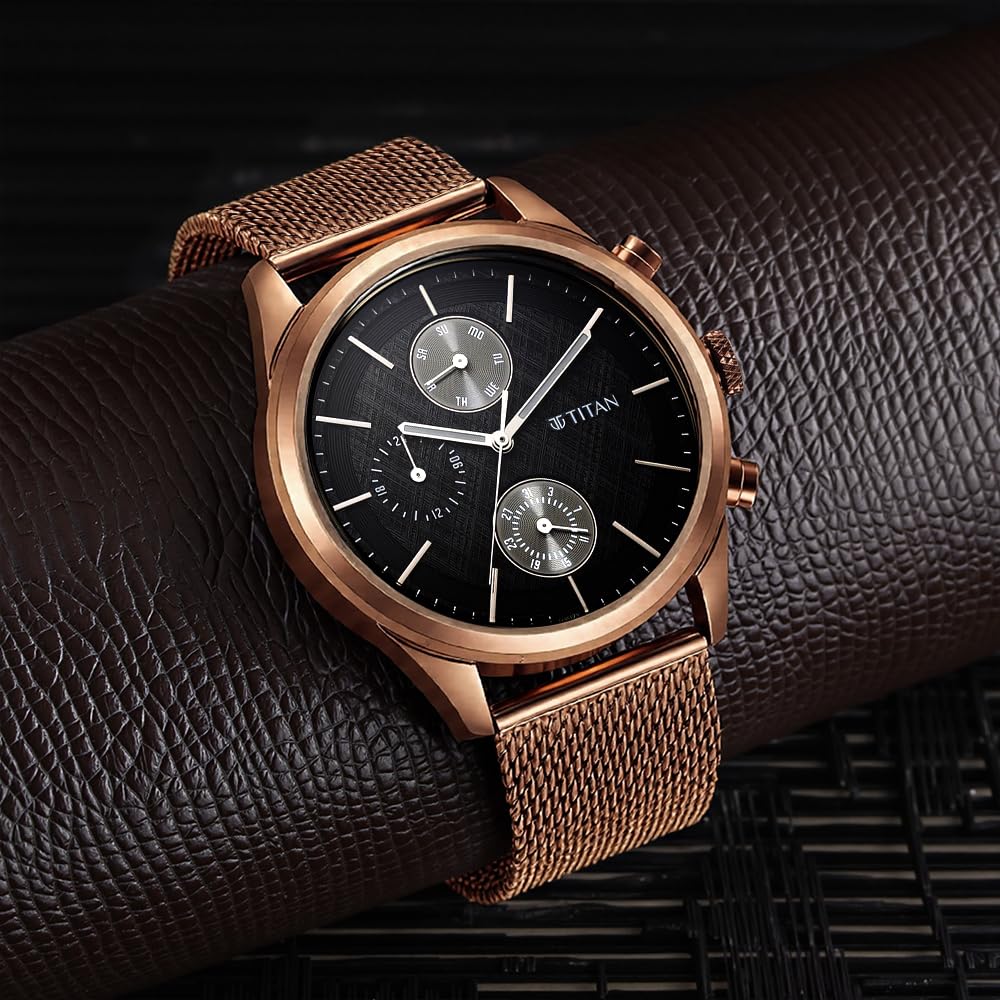 Titan Neo Splash Quartz Analog with Day-Date Black Dial Metallic Brown Stainless Steel Strap Watch for Men - NT1805QM05
