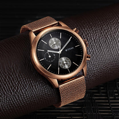 Titan Neo Splash Quartz Analog with Day-Date Black Dial Metallic Brown Stainless Steel Strap Watch for Men - NT1805QM05