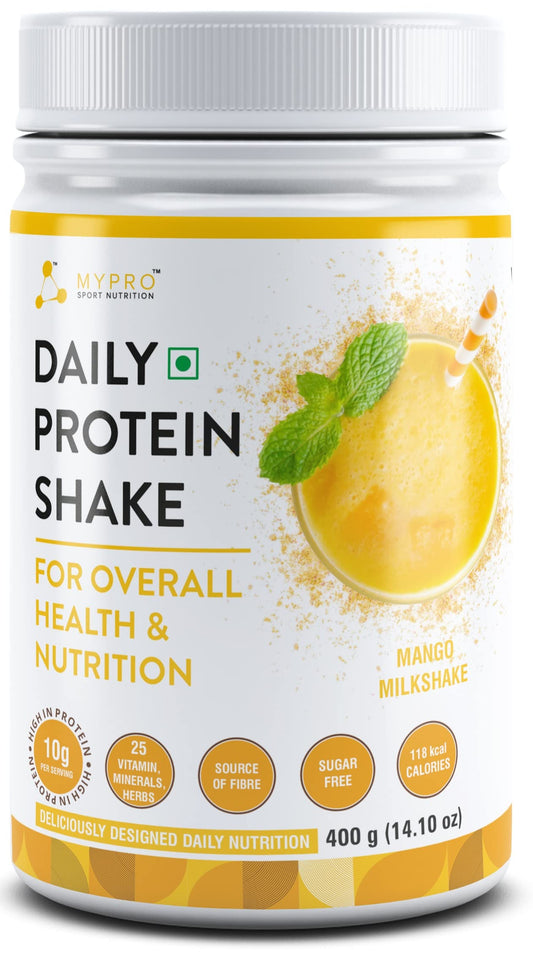 Mypro Sport Nutrition Daily Protein Shake 118 kcal Calories,25 Vitamin,Minerals & 7 Herbs,Provide Energy,Support Immunity & bone Health-For Men & Women Mango Milk Shake Flavor -400Gm-40 Servings