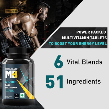 MuscleBlaze MB-Vite Daily Multivitamin (30 Tablets) | With 51 Ingredients & 6 Blends, Vitamins & Minerals, Prebiotic & Probiotics, Amino Acid Blends | For Energy, Stamina & Recovery