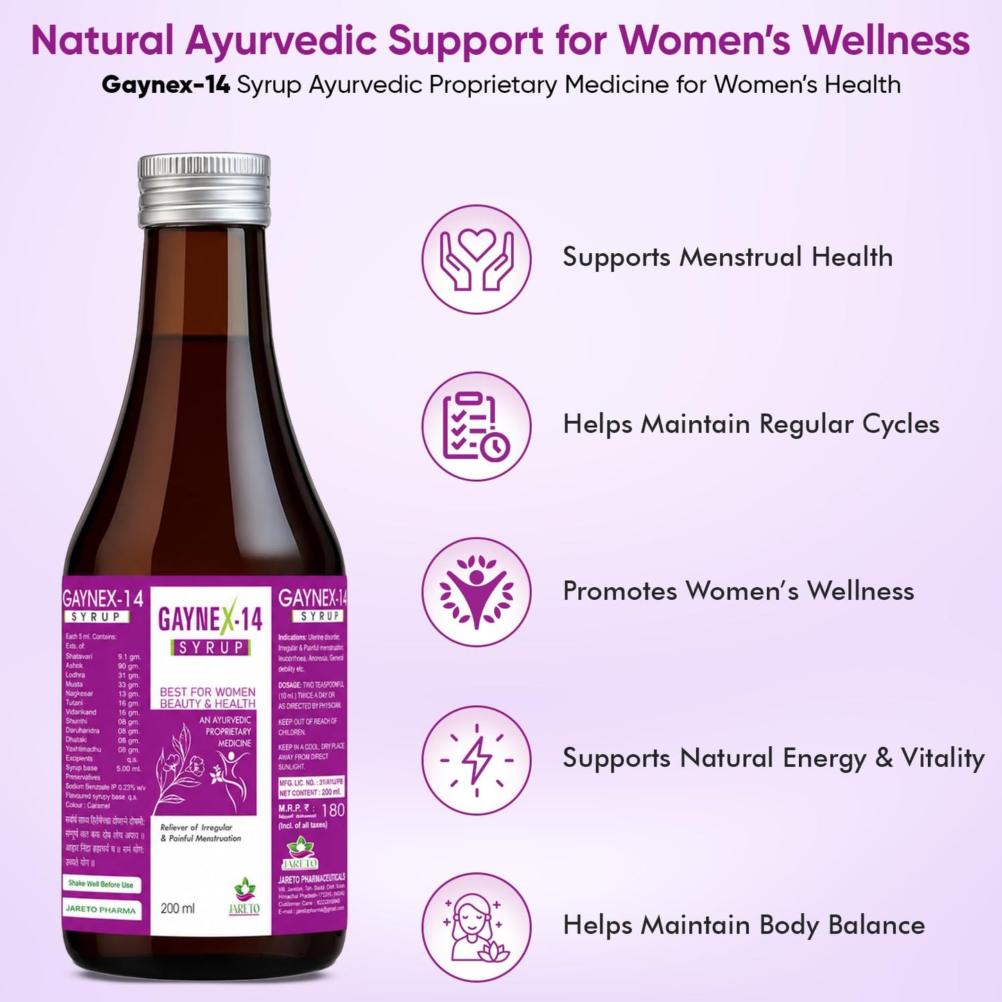 Jareto Gaynex-14 Syrup for Women | Ayurvedic Medicine for Women Health | Pcos/Pcod Women Care for Menstrual Health, Relief from Irregular & Painful Periods Ladies Tonic| 200 ml