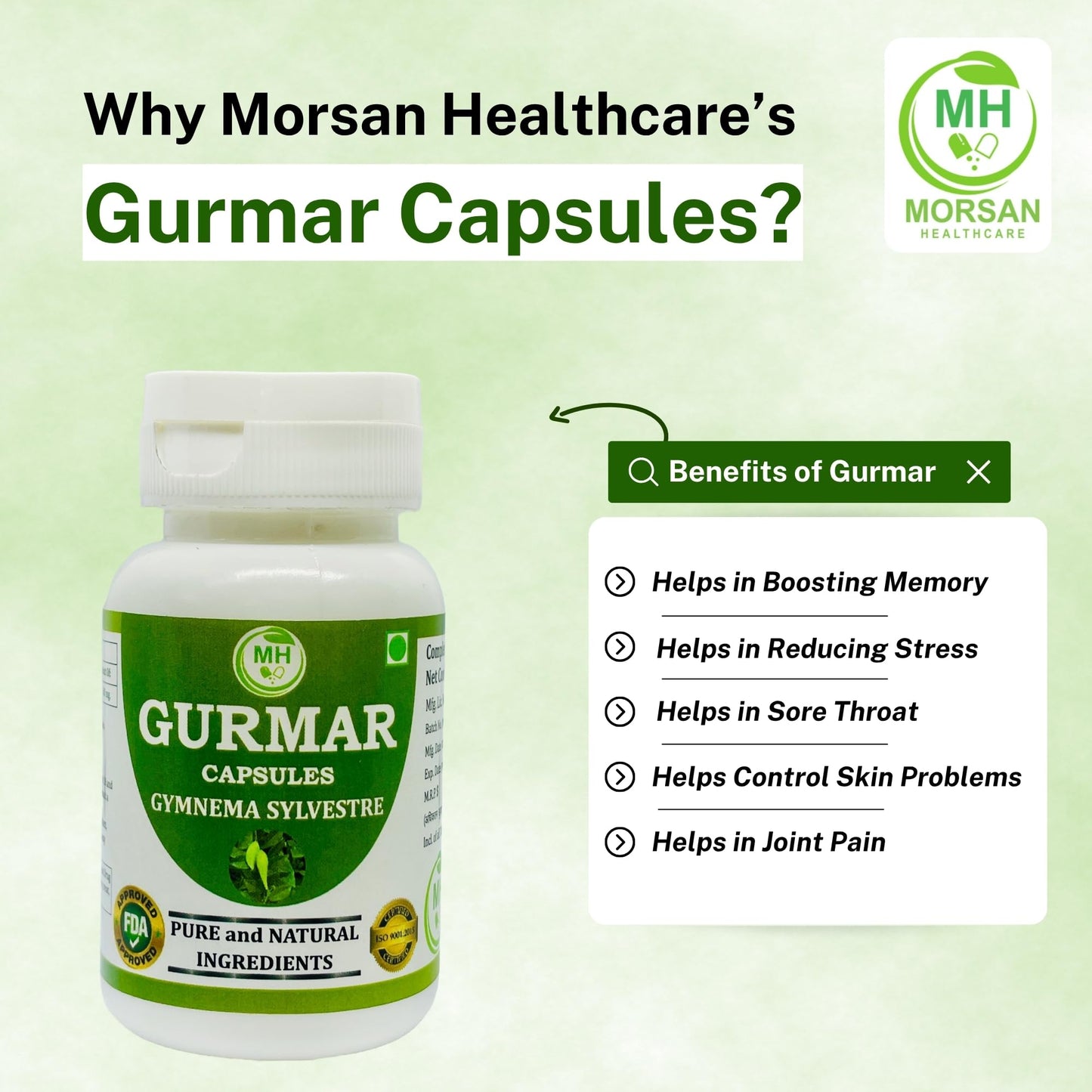 MORSAN HEALTHCARE | Ayurvedic Gurmar (Gudmar) Capsules 500mg – 60 Count | Vegetarian | Plant-Based | Herbal Supplement | No Artificial Additives | Gluten-Free | Organic | Gymnema sylvestre | Dia Free Herbal Capsules (pack of 1)