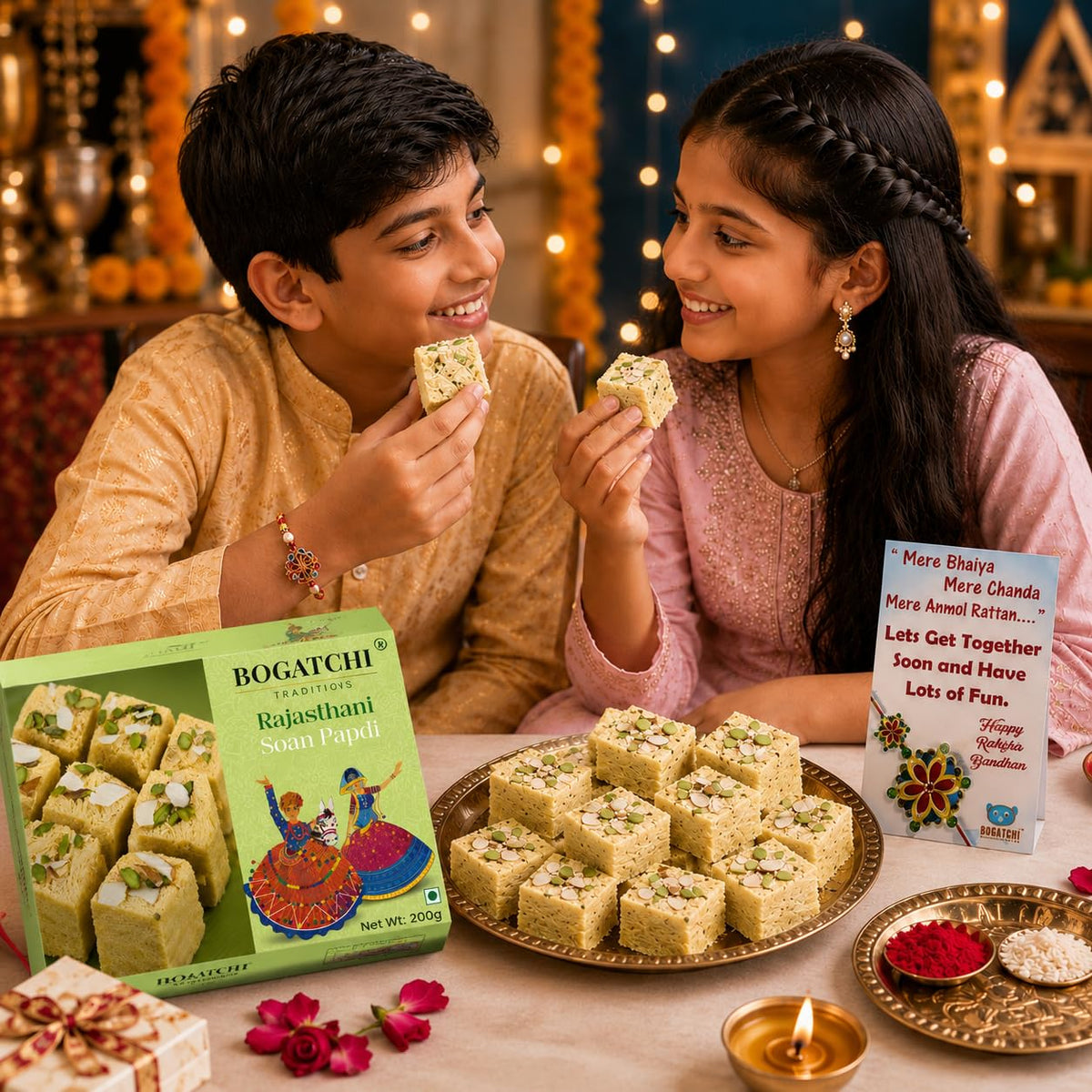 BOGATCHI Rakhi Gift Hamper for Brother with Soan Papdi 200g, Natural Raisins 30g | 2 Elegant Ganesha Rakhi with Moli Thread, Roli Chawal & Greeting Card | Traditional Festive Sweets Box
