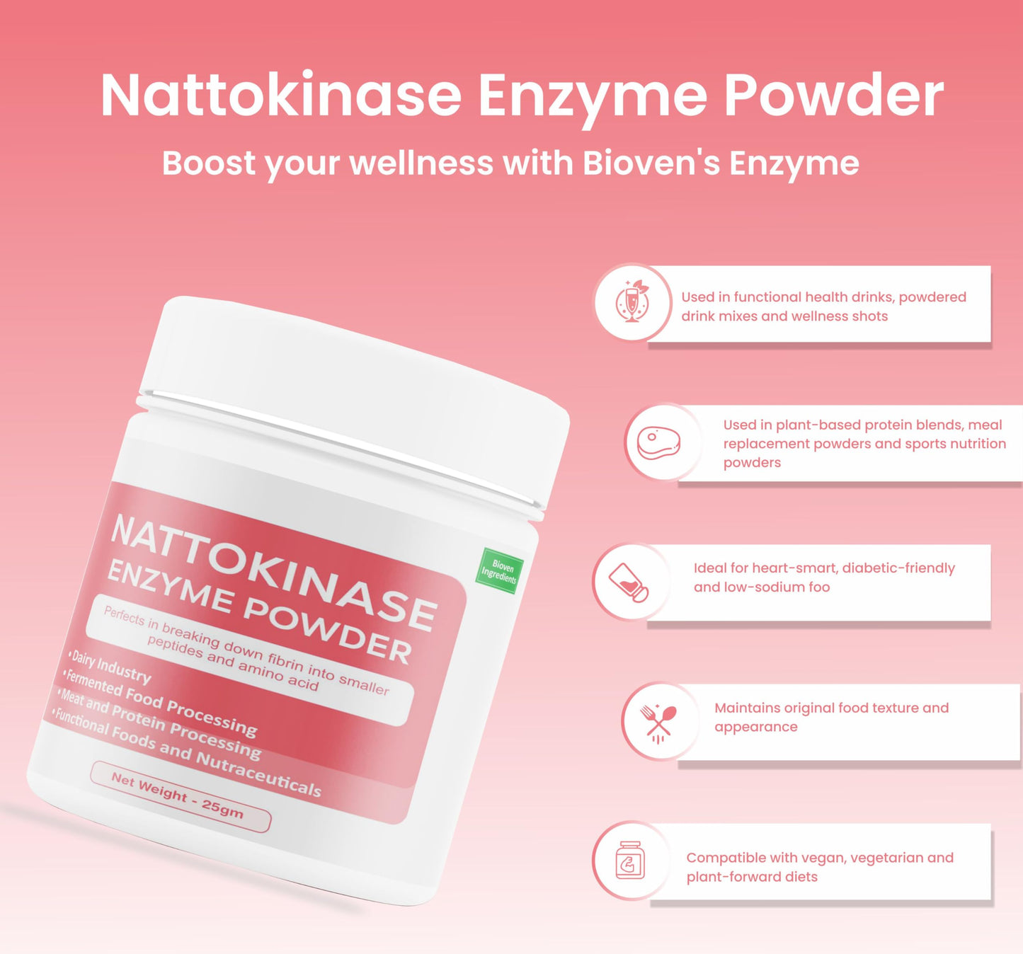 Bioven Ingredients Nattokinase Enzyme Powder Non-GMO, Dietary Supplements/Food and Beverages, Broad pH Range of Activity, Excellent Thermostability, Hydrolyse Fibrin, No Filters/Binder