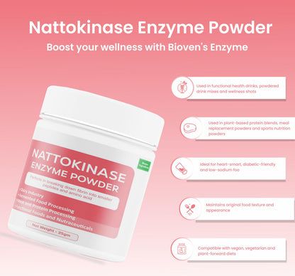 Bioven Ingredients Nattokinase Enzyme Powder Non-GMO, Dietary Supplements/Food and Beverages, Broad pH Range of Activity, Excellent Thermostability, Hydrolyse Fibrin, No Filters/Binder