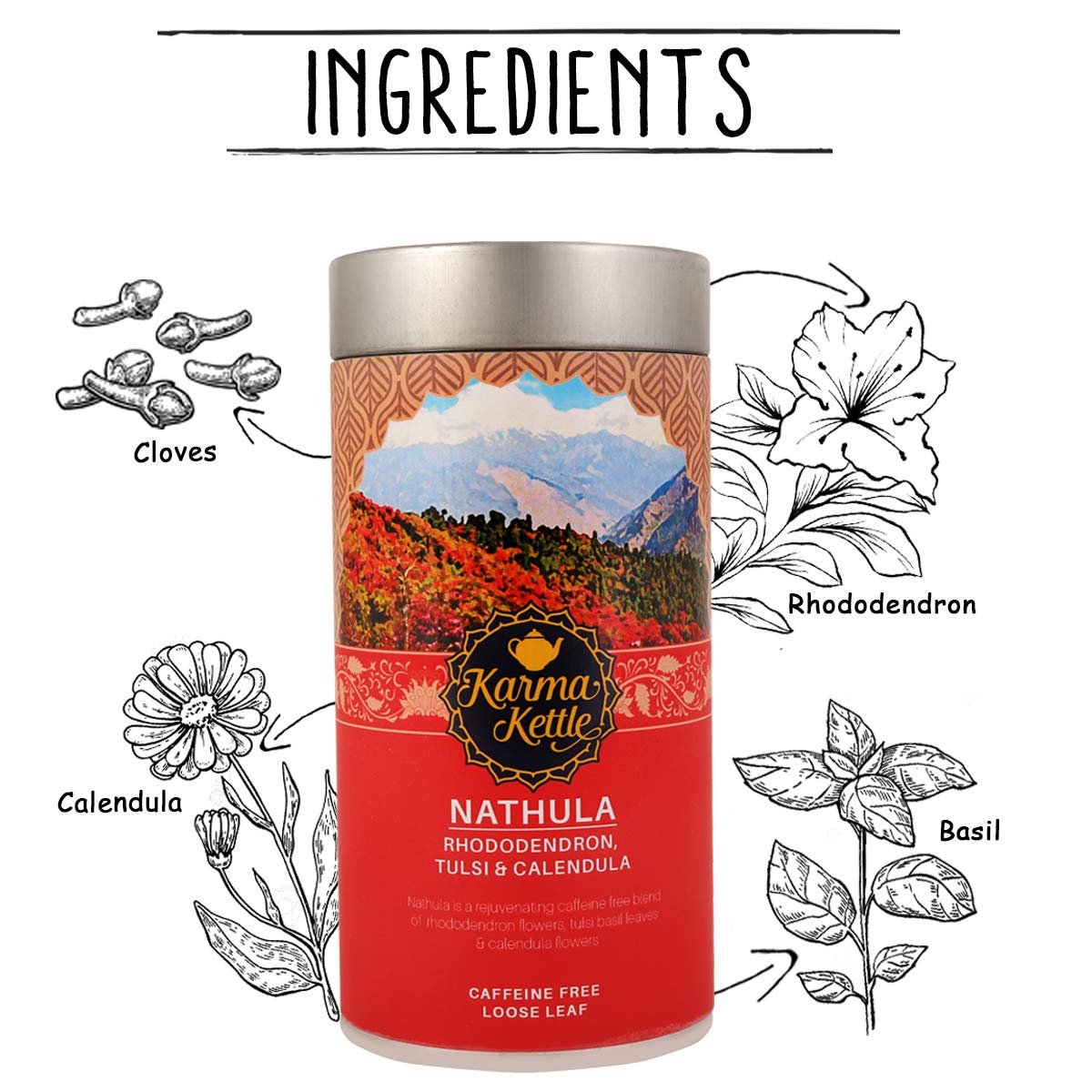 Karma Kettle Nathula Caffeine Free Tea with Rhododendron, Tulsi & Marigold, 50 GMS Loose Leaf in Tin, 50 g
