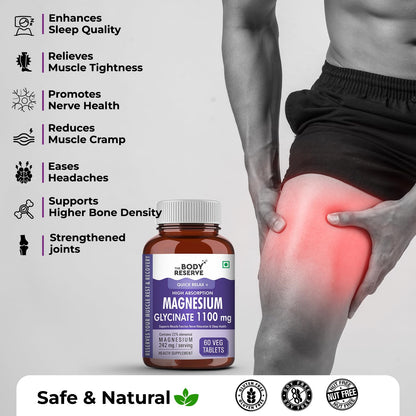The Body Reserve Magnesium Glycinate Supplement - 60 Veg Tablets, 1100mg Per Serving, High Absorption Chelated Form - Muscle & Nerve Health, Relaxation for Men & Women