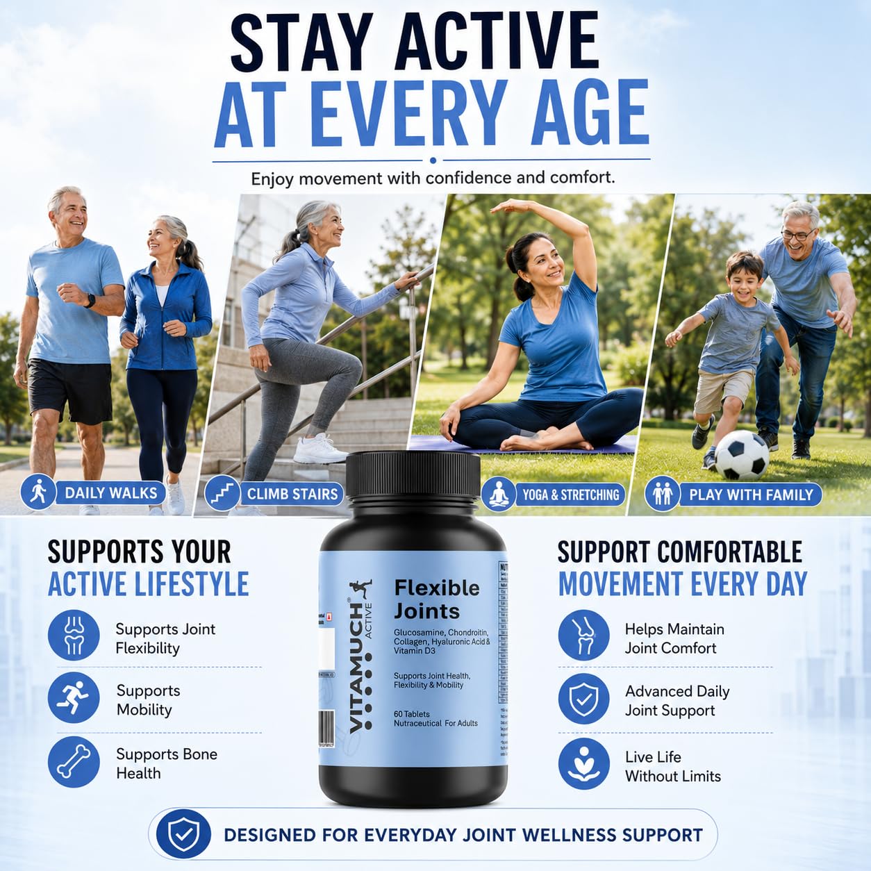 Vitamuch Joint Support Tablets with Glucosamine, Chondroitin, Collagen Type II, Hyaluronic Acid & Vitamin D3 | Joint Care Supplement for Men & Women | 60 Tablets