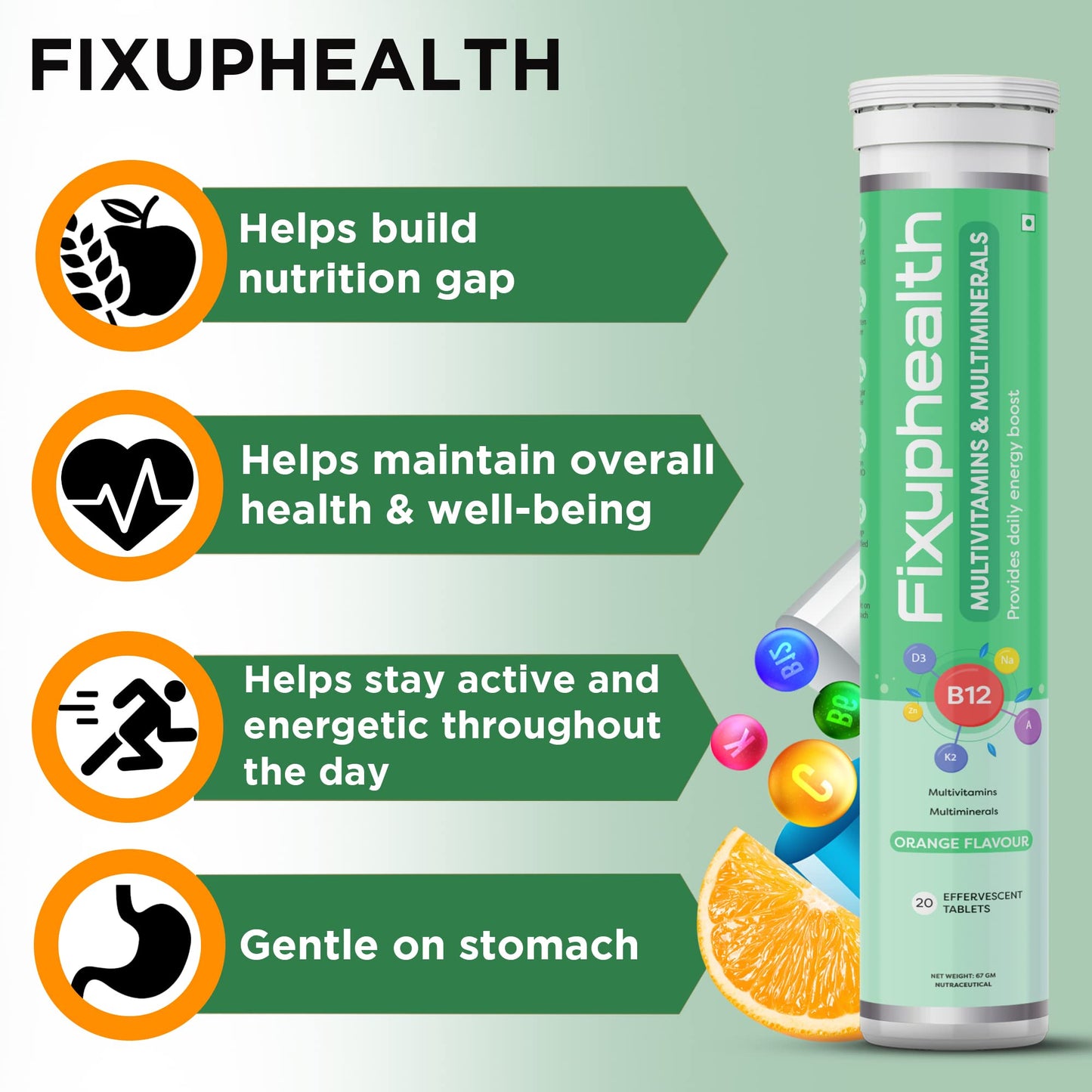 FIXUPHEALTH Multivitamins and Multiminerals Tablets, for Men and Women with Vitamins and Minerals Nutrition, Health and Wellbeing Effervescent Tablets Orange Flavor - (20 Tablets)