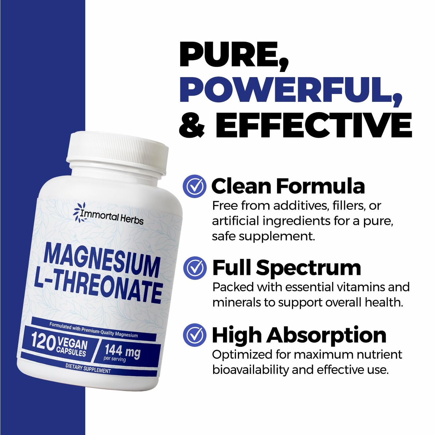 Immortal Herbs Pure Magnesium L-Threonate Capsules, Chelated, High Absorption, 120 Pills w/Elemental Magnesium Powder, Non-GMO & Gluten Free L-Threonate Supplement for Women and Men