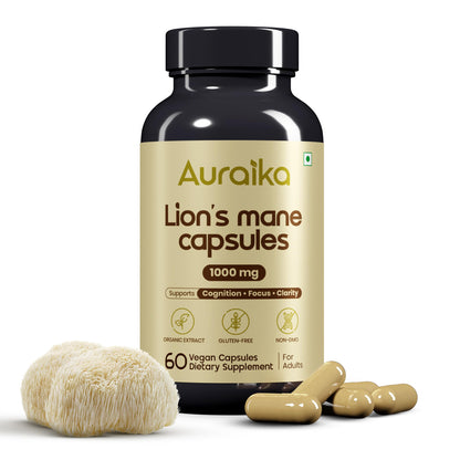 Auraika Lions Mane Mushroom – Supports Brain Health, Focus, Memory & Mental Clarity | 1000mg High Potency | Natural Nootropic Supplement | 60 Vegan Capsules