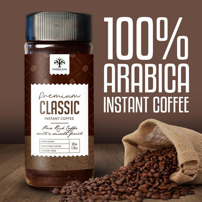 Vanalaya Instant Coffee Powder - 100% Pure Coffee Classic Premium Blend | Dark Roast Bold Flavour Rich Aroma | Chicory Free Coffee Powder 50g