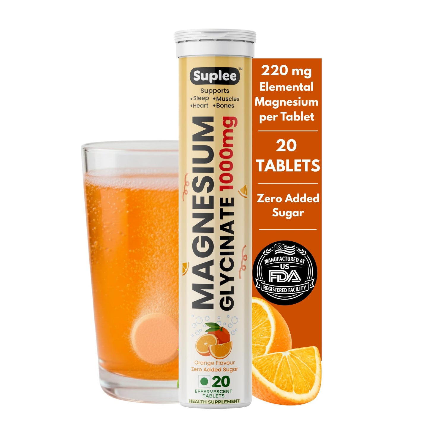 Suplee Magnesium Glycinate Effervescent Tablets 1000mg | 220mg Elemental Mgagnesium per Tablet | Supports Muscle Recovery, Sleep & Heart Health | Zero Added Sugar | 20 Count | Orange Flavour