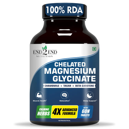 End2End Nutrition Magnesium Glycinate with Chamomile, Tagar, Beta Carotine and Vitamin B6 | High Absorption Magnesium Supplement Supports Better Sleep & Muscle Recovery - 60 Tablets