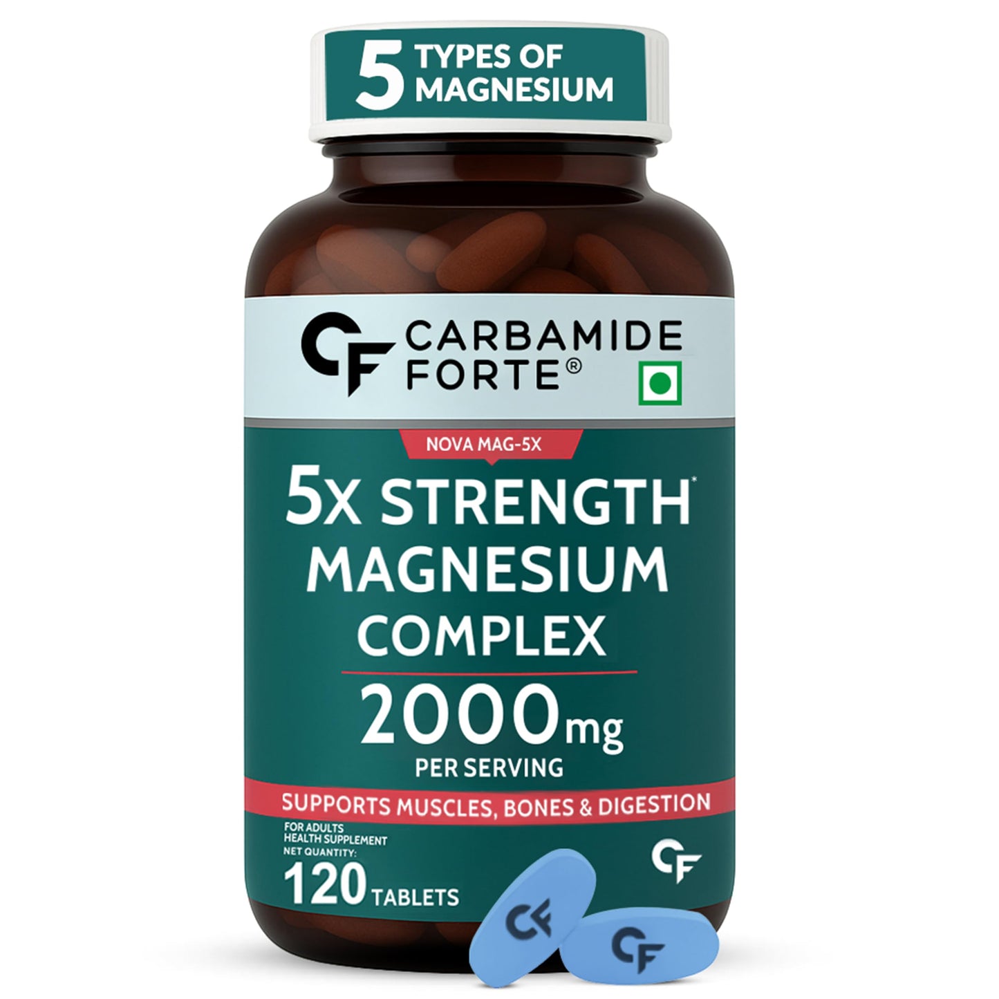 Carbamide Forte Magnesium Supplement with 5X Strength, formulated with Magnesium Glycinate & Citrate and a Triple Mineral Complex | 2000 mg per Serving | 120 Tablets
