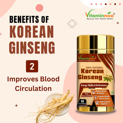 Vitaminnica Korean Ginseng Extract | Supports Stamina, Energy, Vitality, Strength | 60 Veg Capsules (Pack of 1)