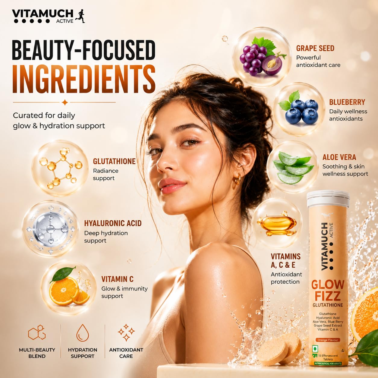 Vitamuch Glow Fizz | Glutathione Effervescent Tablets for Skin Brightening & Anti-Aging | With Hyaluronic Acid & Vitamin C | Drop, Fizz & Drink Formula | (15 Days(Pack of 1), Orange)