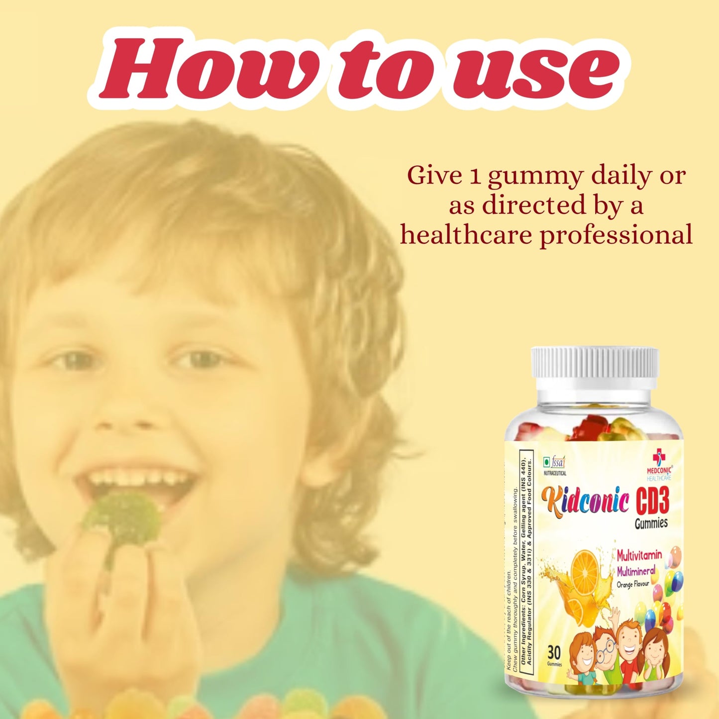 Medconic Healthcare Kidconic CD3 Gummies – 30 Gummies | Multivitamin Supplement for Kids with Vitamins C, D3, A, E, Zinc & Folic Acid | Immunity & Growth Support