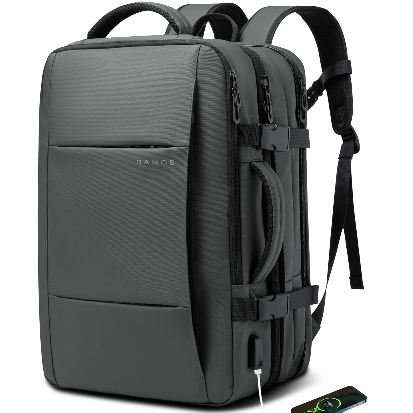 BANGE High Capacity Expandable Water Resistant 15.6 inch Laptop Backpack with USB Charging (Grey 45L)