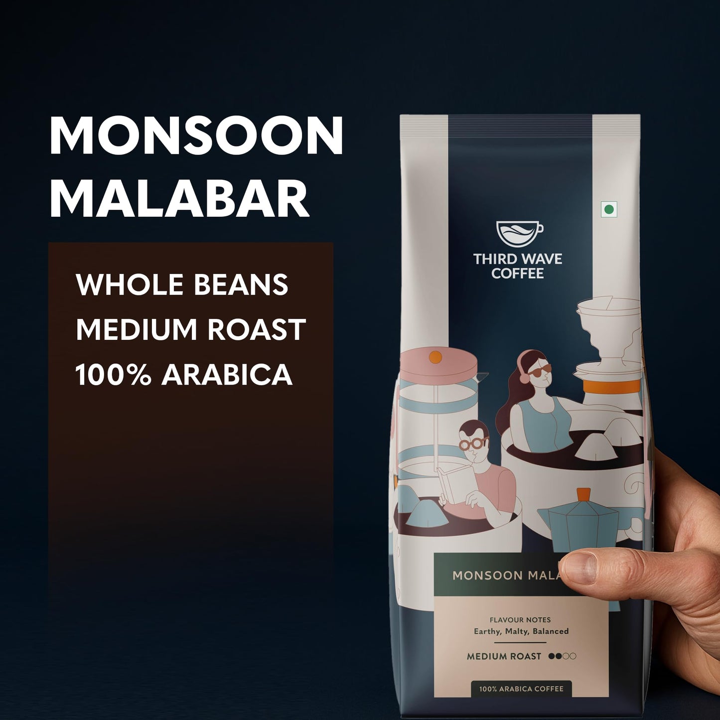 THIRD WAVE COFFEE | Monsoon Malabar Aa | 100% Arabica | Medium Roast | Whole Beans | 250 grams | Pouch