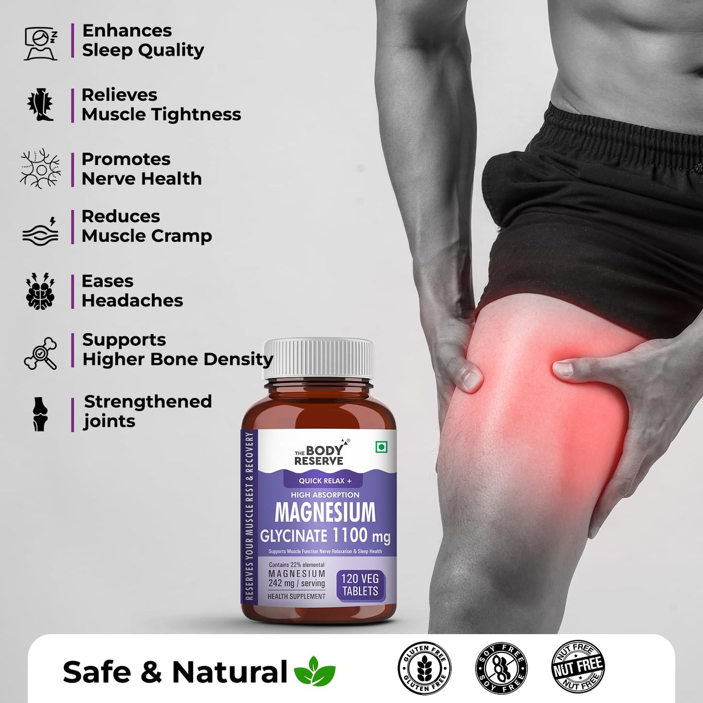 The Body Reserve Magnesium Glycinate Supplement - 120 Veg Tablets, 1100mg Per Serving, High Absorption Chelated Form - Muscle & Nerve Health, Relaxation for Men & Women